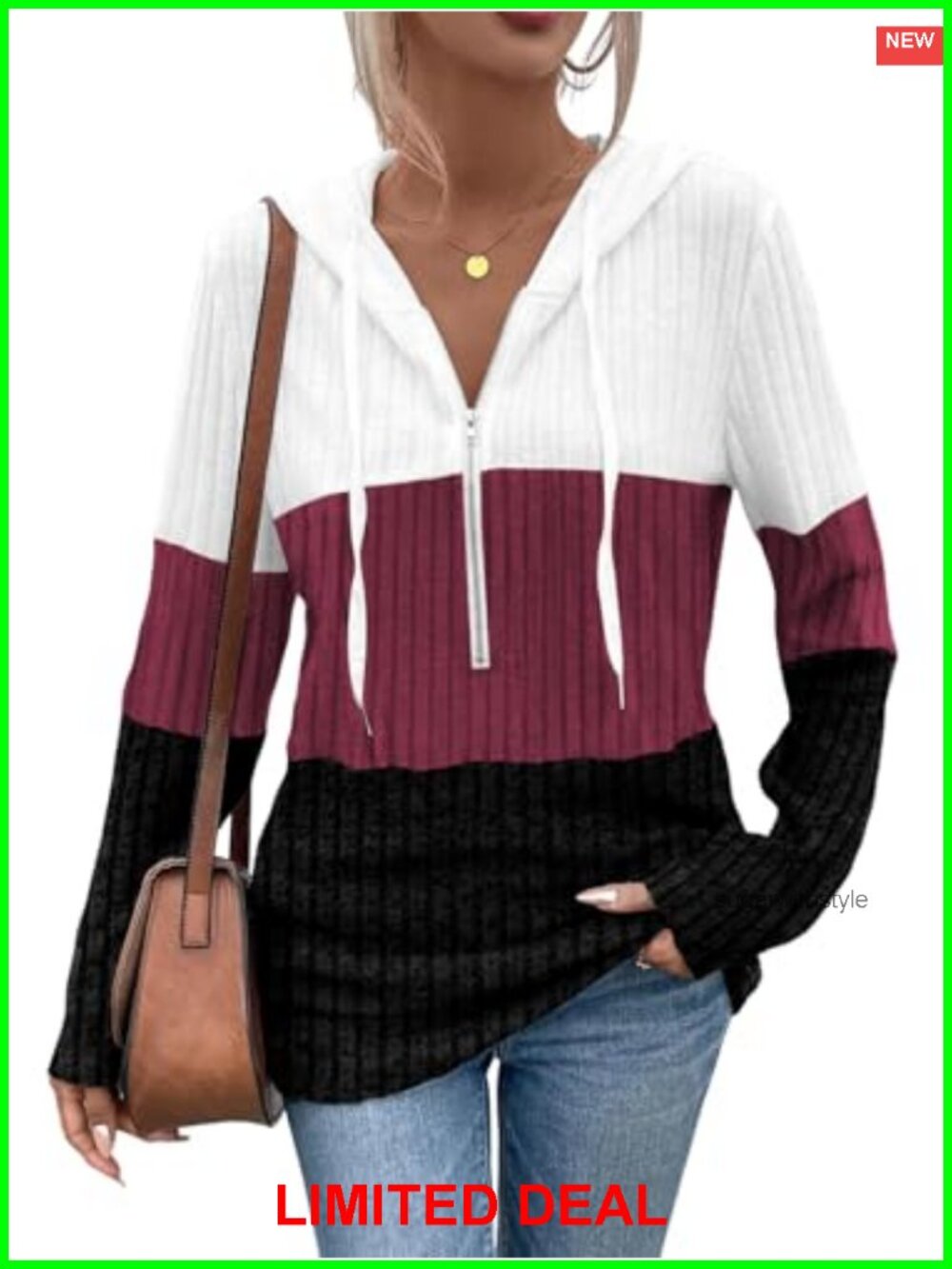 Women's Half Zip Hoodie Sweatshirt Color Block Ribbed Striped Pullover